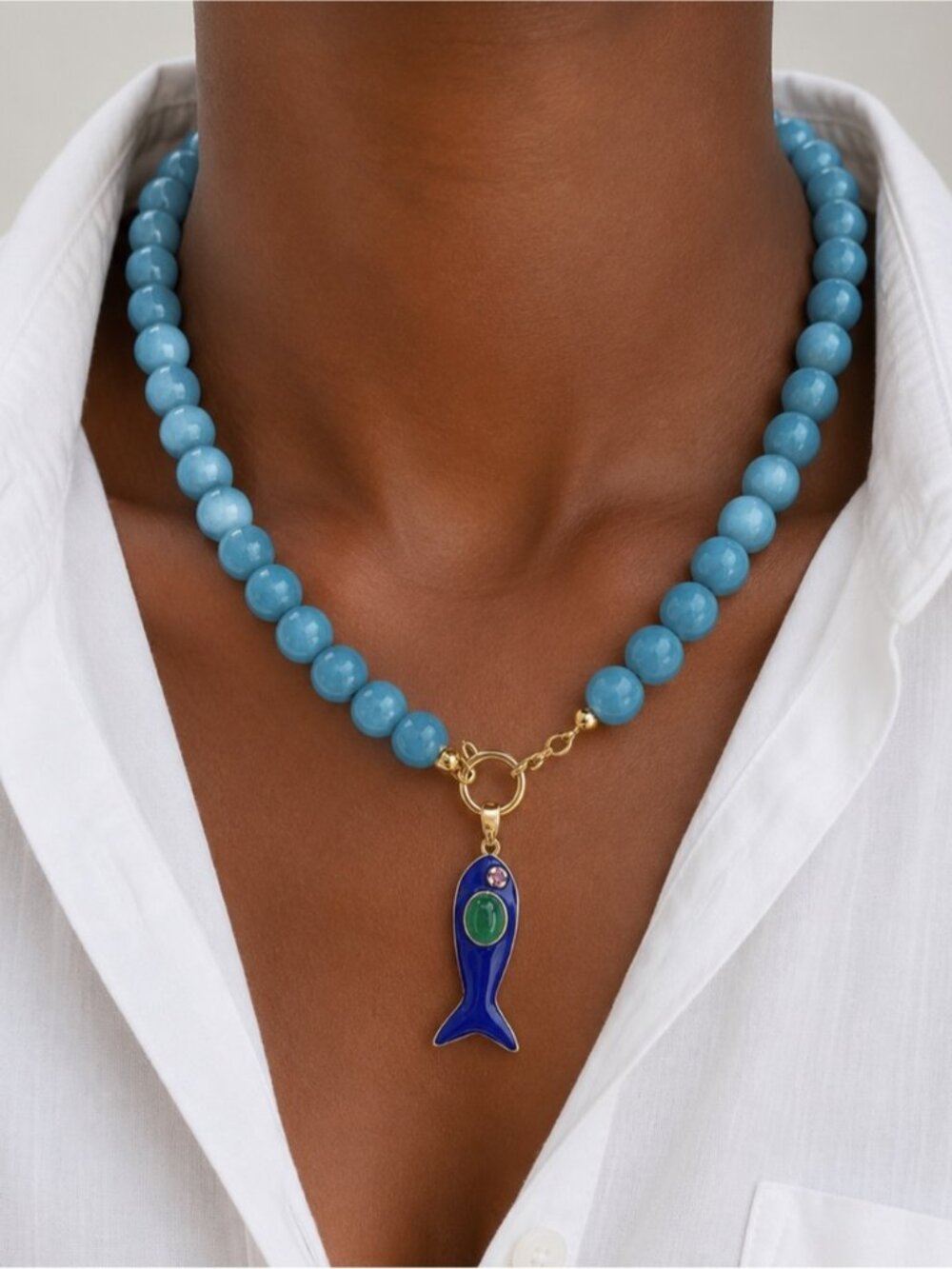 New! Coastal Colorful Blue Beaded Fish Sardine Dopamine Necklace NWOT